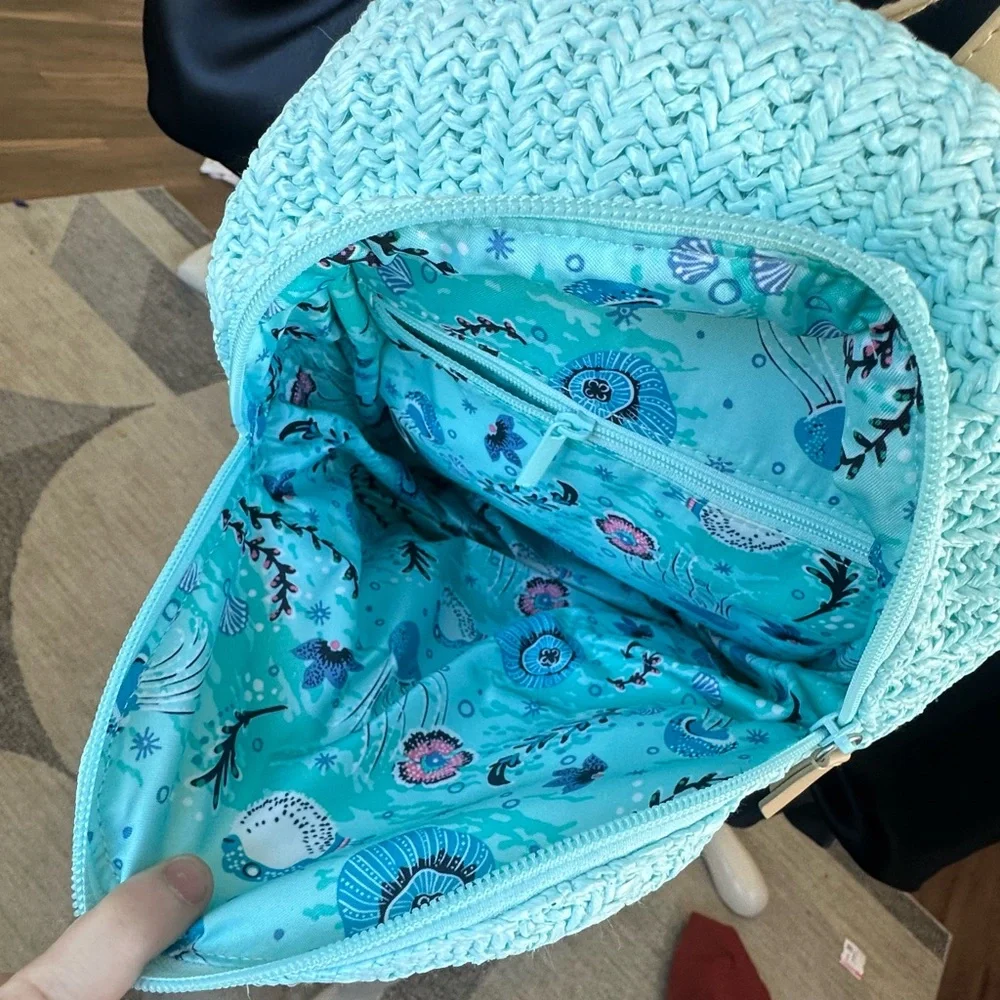 Vera Bradley Straw Raffia Blue Turtle Print Convertible Mini Summer Backpack